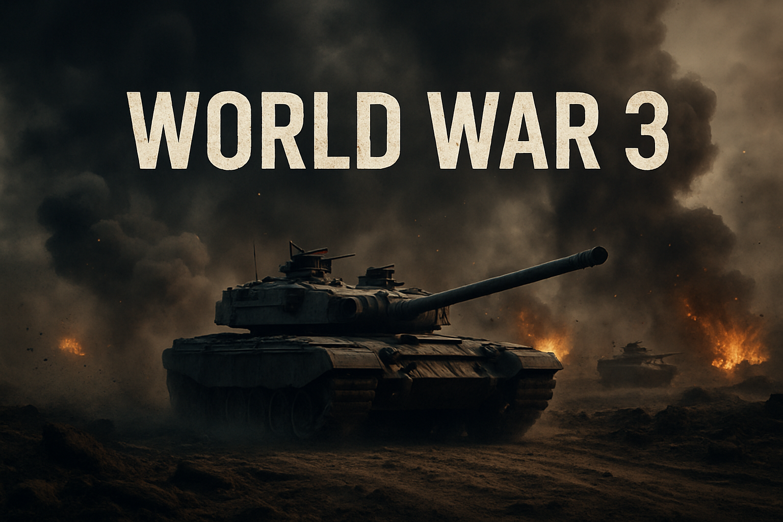 "World War 3 battlefield with tank, smoke and fire – war concept image"