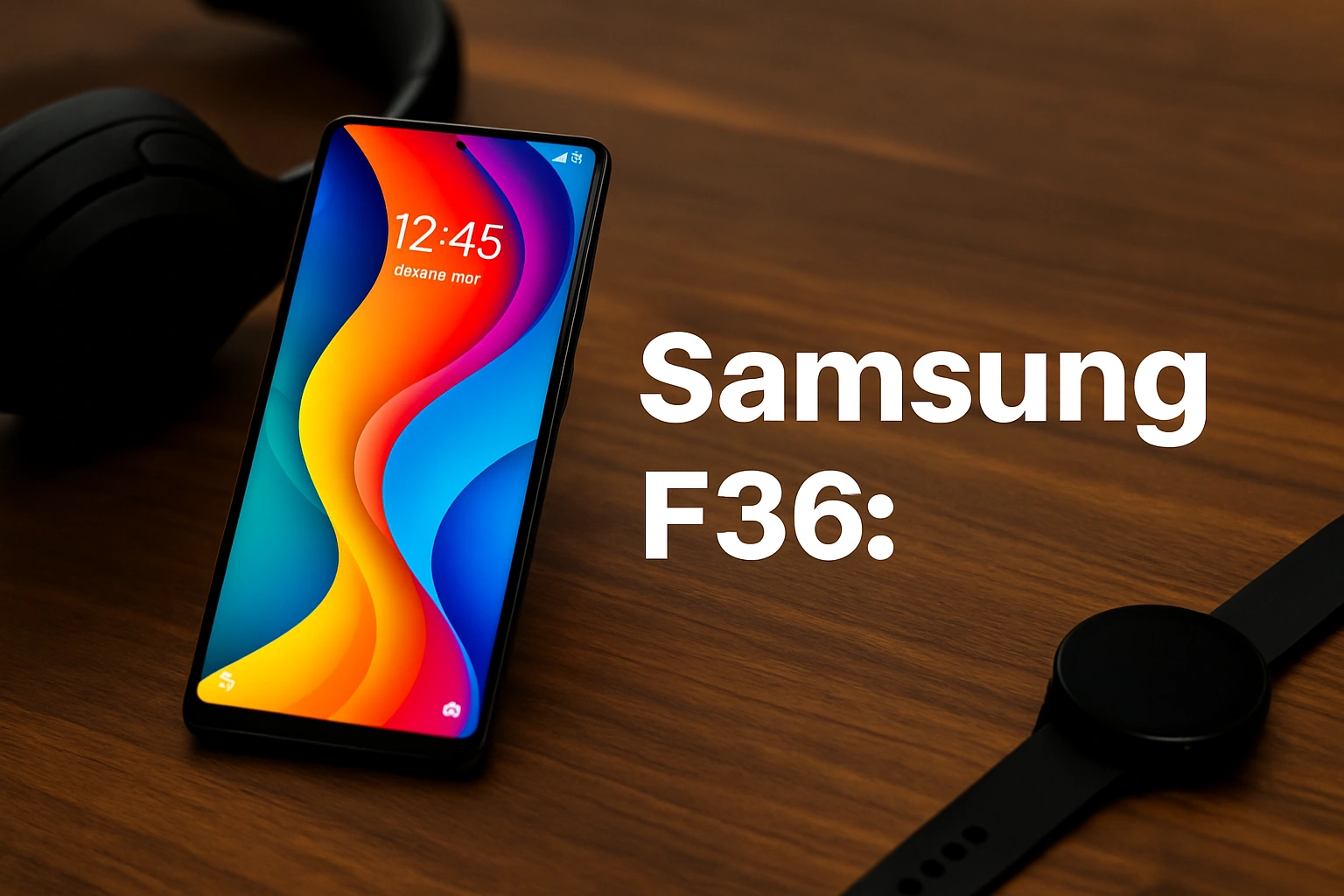 Samsung F36 smartphone displayed on a polished wooden surface with vibrant abstract wallpaper on screen, accompanied by black headphones and a smartwatch—highlighting a clean, modern tech setup with the text “Samsung F36” in bold.