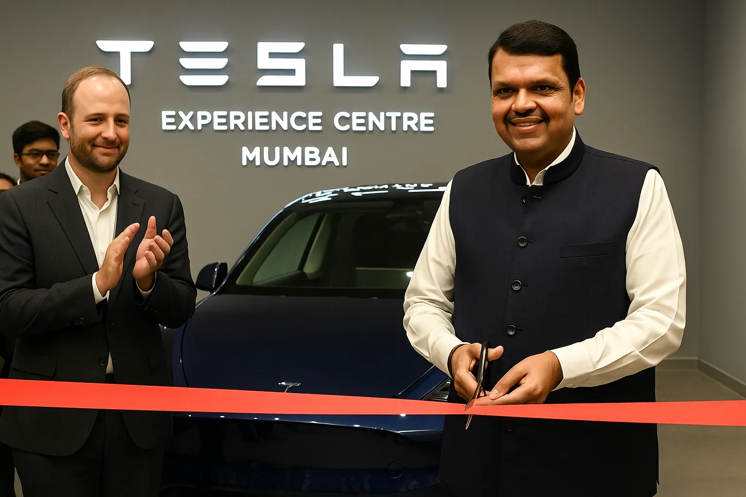 Tesla Experience Centre Mumbai "CM Devendra Fadnavis inaugurates Tesla Experience Centre in Mumbai's BKC with a Tesla Model Y in the background and the Tesla logo displayed inside the showroom."