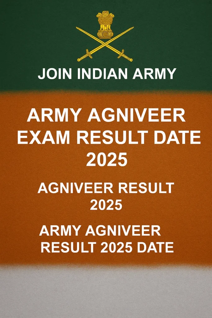 Army Agniveer Exam Result Date 2025 graphic with tricolor background and Indian Army emblem.