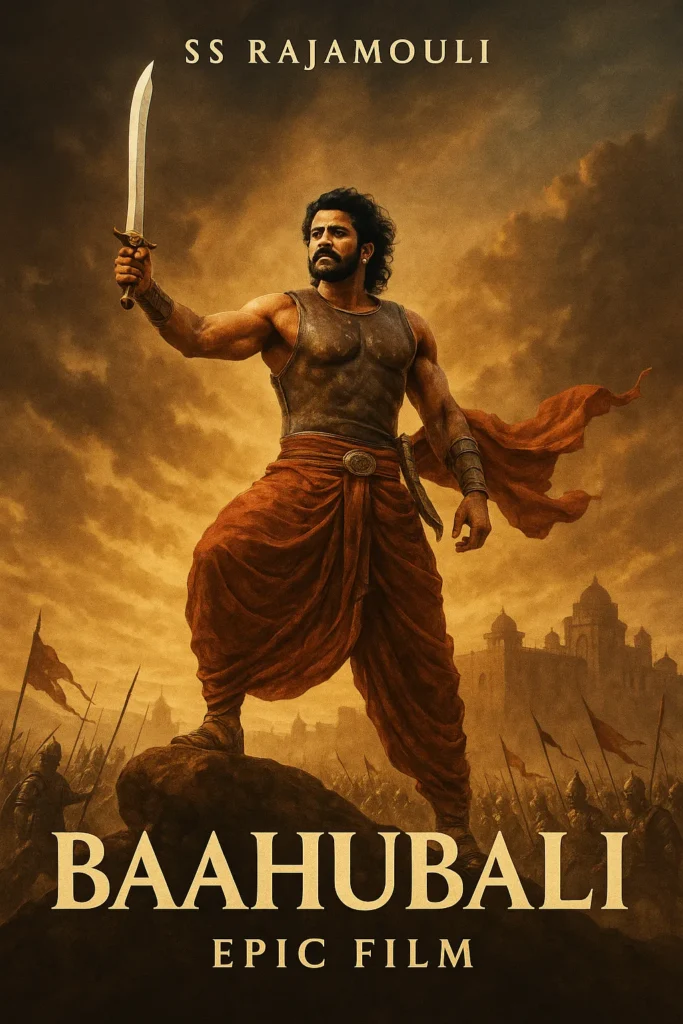 "Baahubali movie poster featuring Mahendra Baahubali in a heroic pose with epic battlefield background, directed by SS Rajamouli."