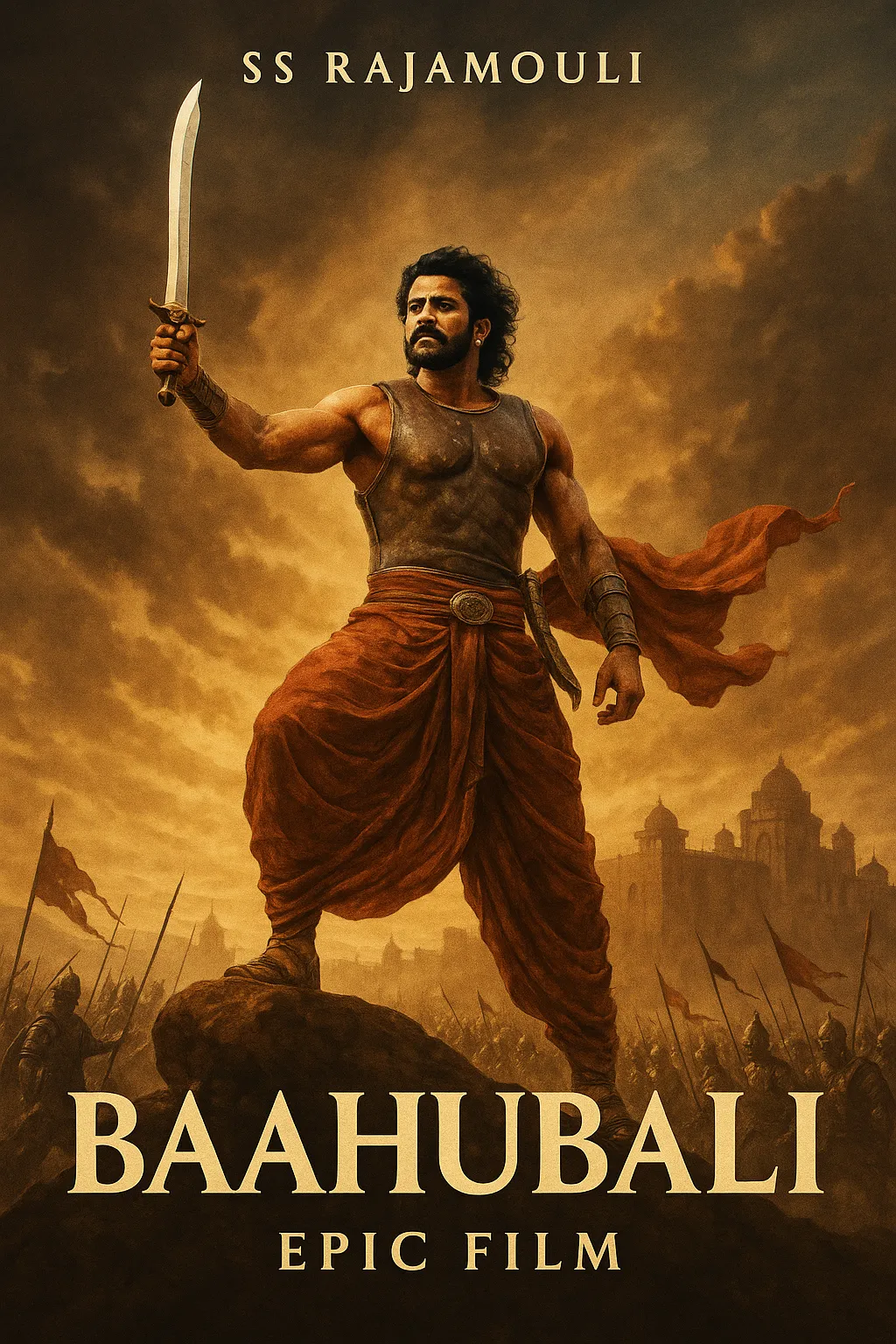 "Baahubali movie poster featuring Mahendra Baahubali in a heroic pose with epic battlefield background, directed by SS Rajamouli."