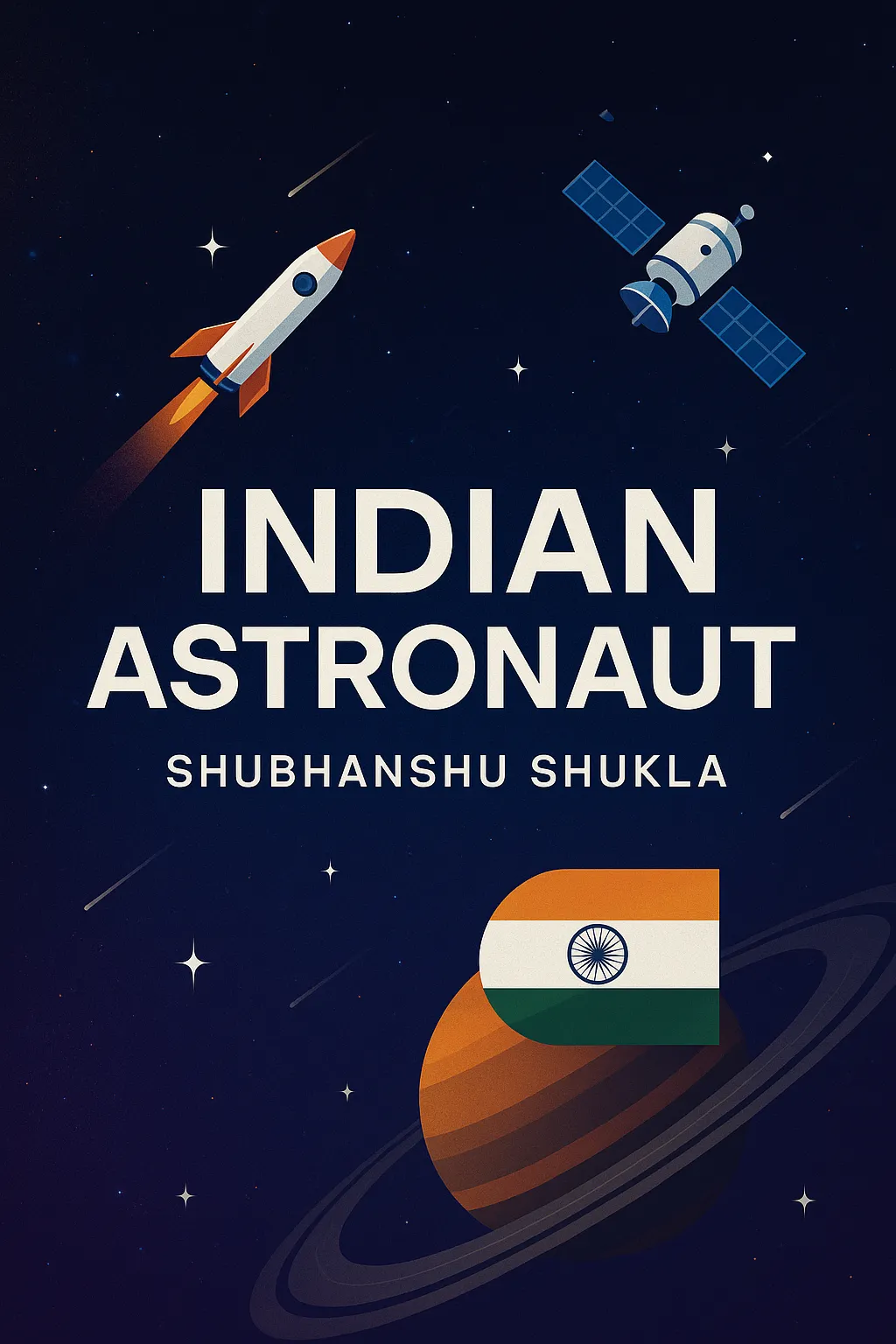 "Space-themed digital artwork with the words 'INDIAN ASTRONAUT' in bold white font, featuring a rocket launch, stars, a satellite, and the Indian flag in a vibrant cosmic background."