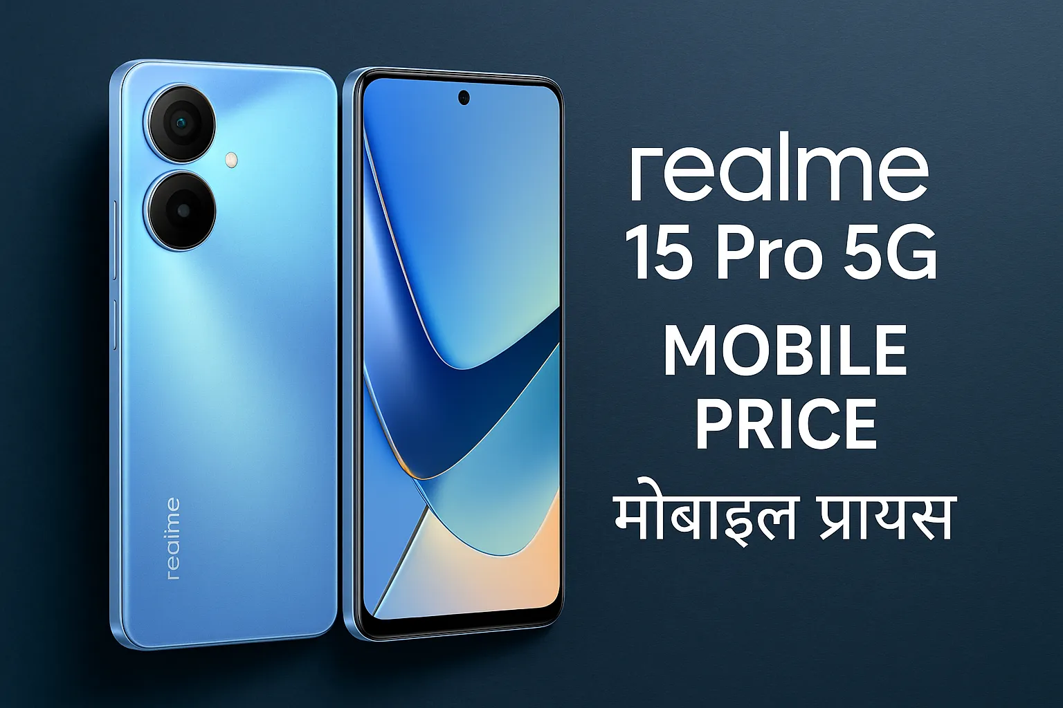Realme 15 Pro 5G smartphone displayed with front and back view, showcasing its sleek design and AMOLED screen, with the text "Realme 15 Pro 5G Mobile Price" written in English and Hindi.