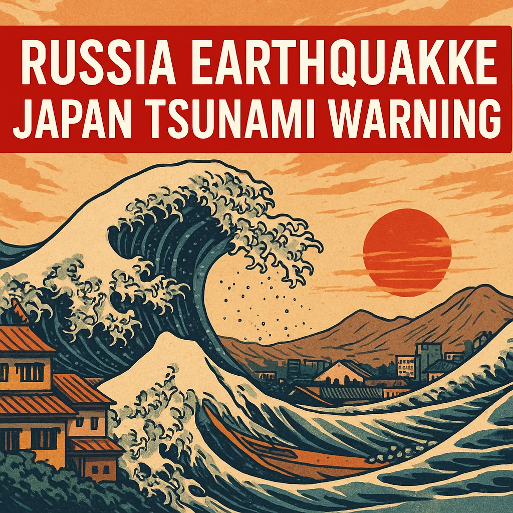 Russia Earthquake and Japan Tsunami Warning 2025 – Manga Style Tsunami Wave with Japanese Town