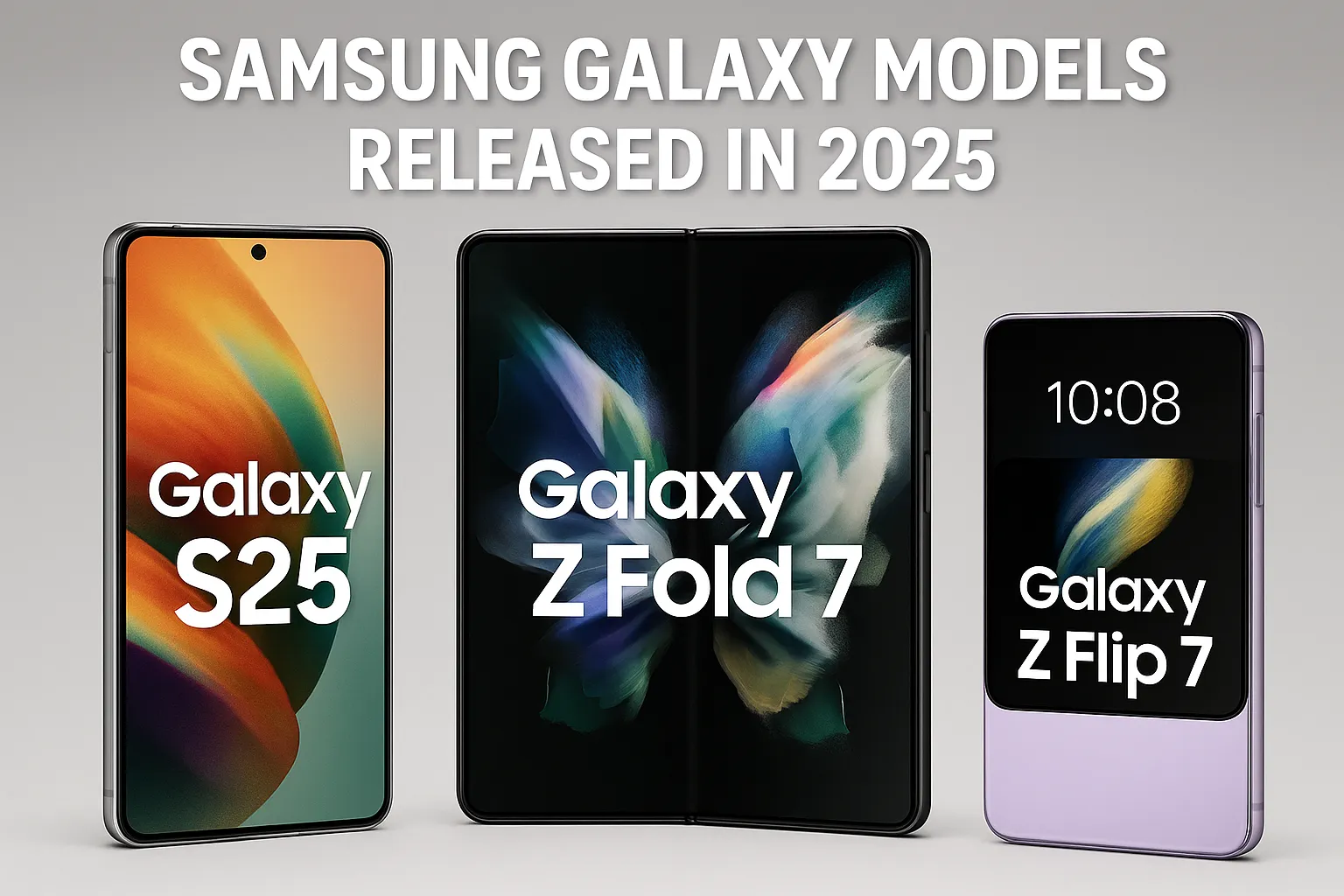 Samsung Galaxy models released in 2025 – Galaxy S25, Galaxy Z Fold 7 और Galaxy Z Flip 7 की तस्वीर एक ग्रे बैकग्राउंड पर, जिसमें तीनों स्मार्टफोन्स के डिजाइन और डिस्प्ले को दर्शाया गया है।