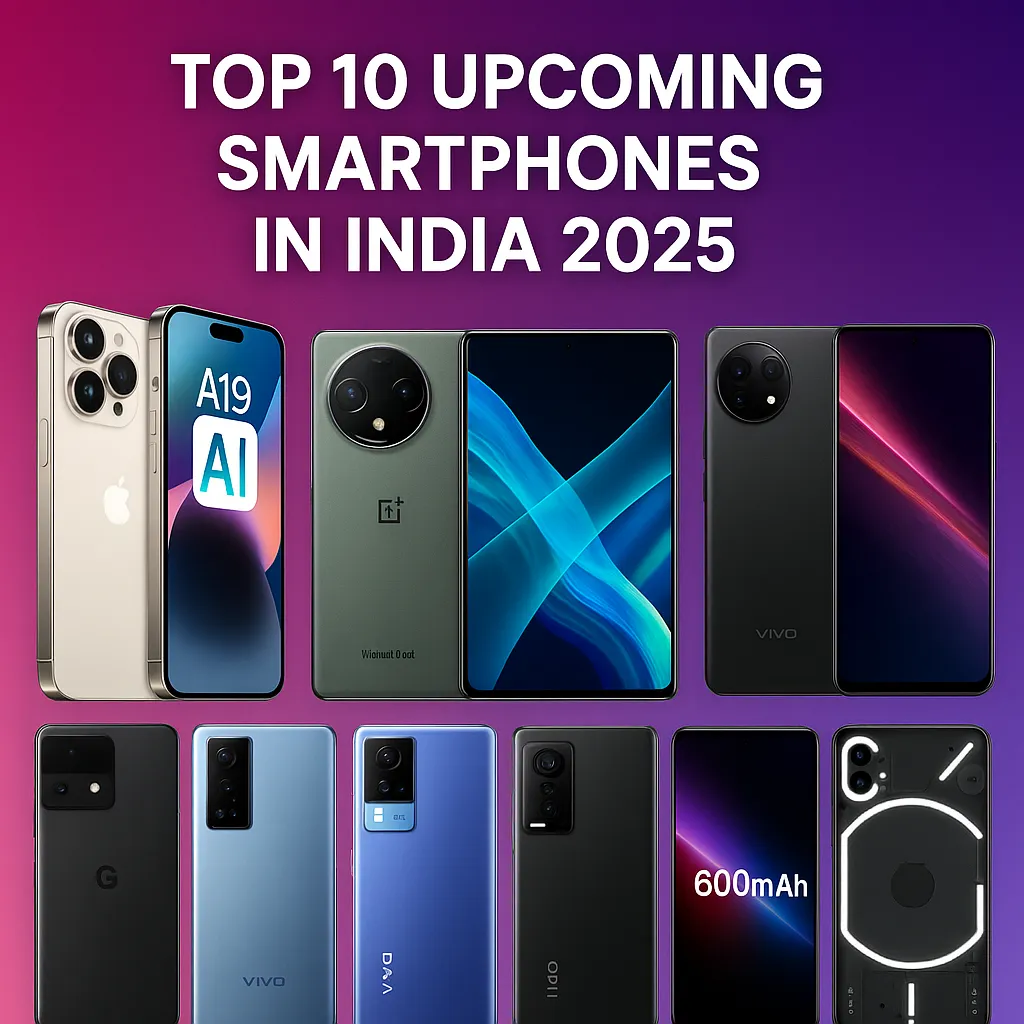 Top 10 Upcoming Smartphones in India 2025 – iPhone 17, OnePlus 13 Pro, Samsung Galaxy Z Fold 7, Pixel 9, and more with their latest designs on a gradient background