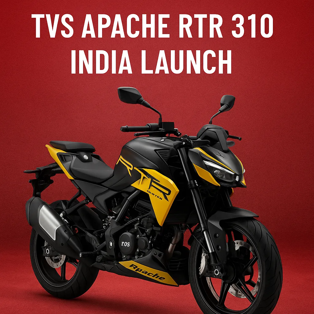 TVS Apache RTR 310 India Launch promotional image featuring the bike in black and yellow color against a red background, showcasing its aggressive streetfighter design and LED headlight.