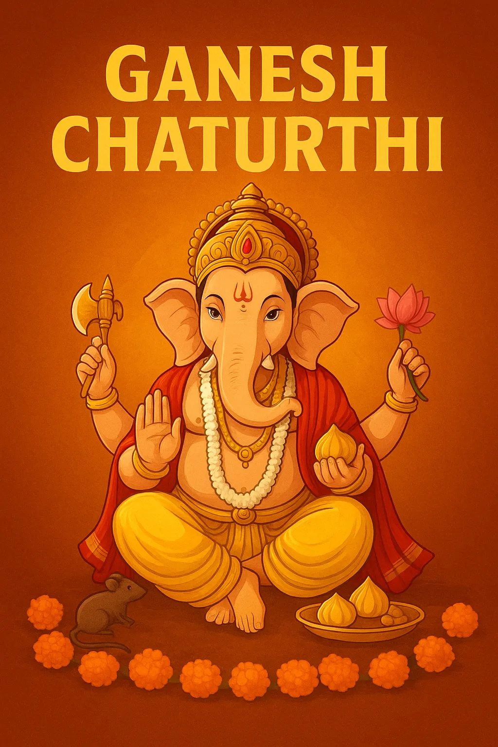 Ganesh Chaturthi 2025 के अवसर पर भगवान गणेश की खूबसूरत डिजिटल आर्ट, जिसमें गणपति जी पीले और लाल वस्त्रों में मोदक, कमल और माला के साथ दर्शाए गए हैं, पृष्ठभूमि में नारंगी आभा के साथ।