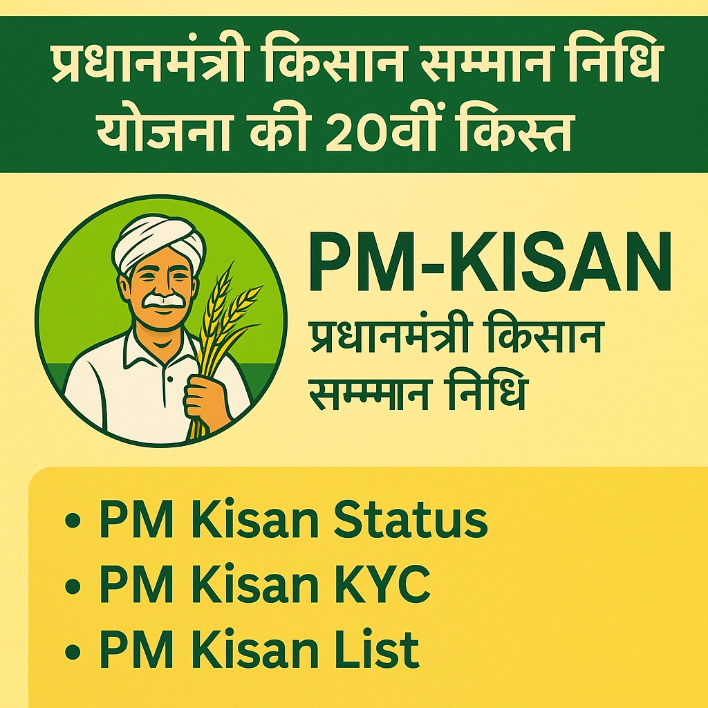 PM Kisan प्रधानमंत्री किसान सम्मान निधि योजना की 20वीं किस्त की जानकारी देने वाला ग्राफिक पोस्टर, जिसमें एक किसान की चित्रण, PM-KISAN लोगो, और PM Kisan Status, KYC, List जैसे मुख्य बिंदु शामिल हैं।