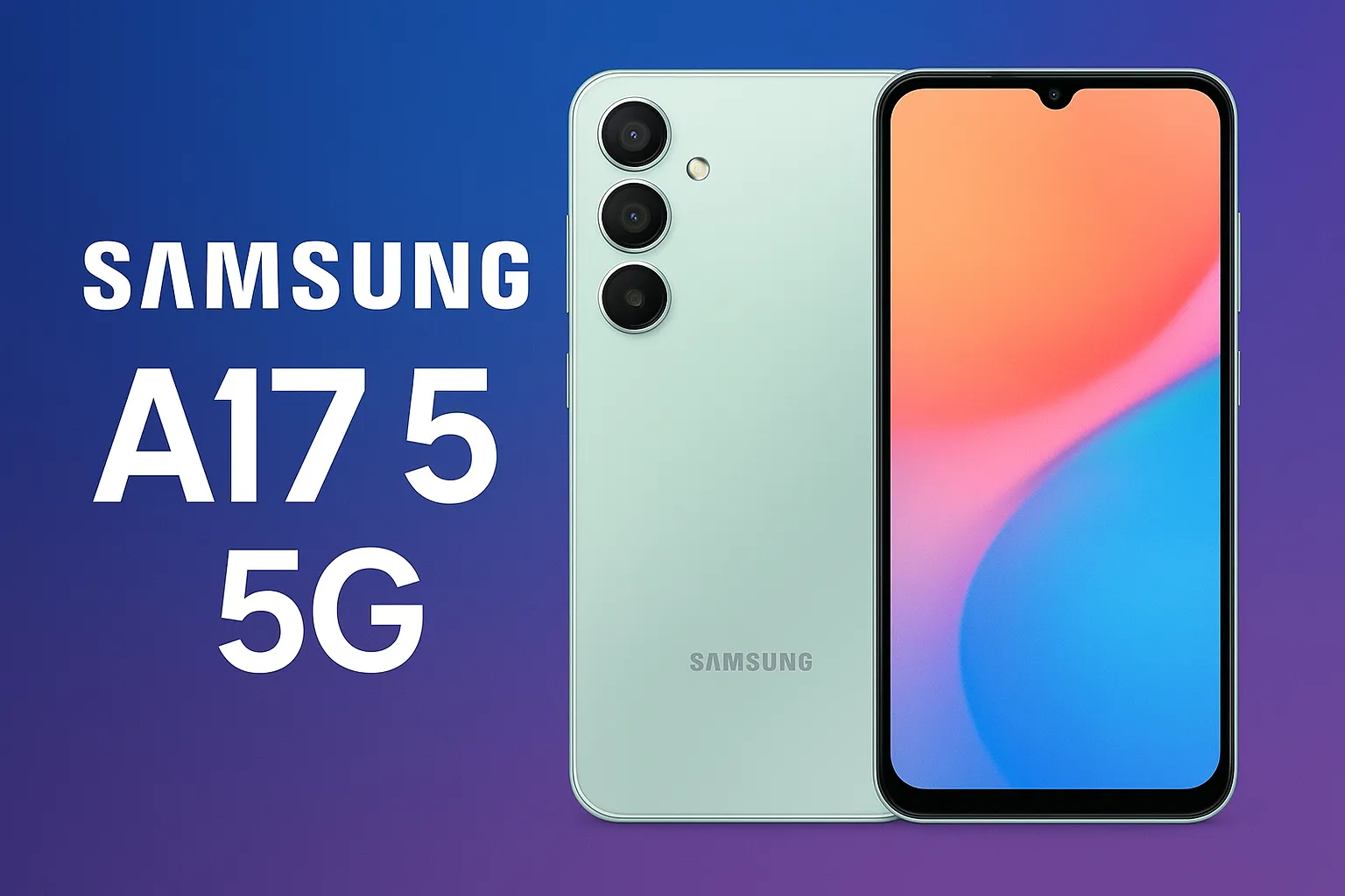 Samsung A17 5G स्मार्टफोन का प्रमोशनल इमेज, जिसमें फोन का स्टाइलिश डिजाइन, ट्रिपल कैमरा सेटअप और आकर्षक डिस्प्ले एक ग्रेडिएंट बैकग्राउंड के साथ दिखाया गया है।