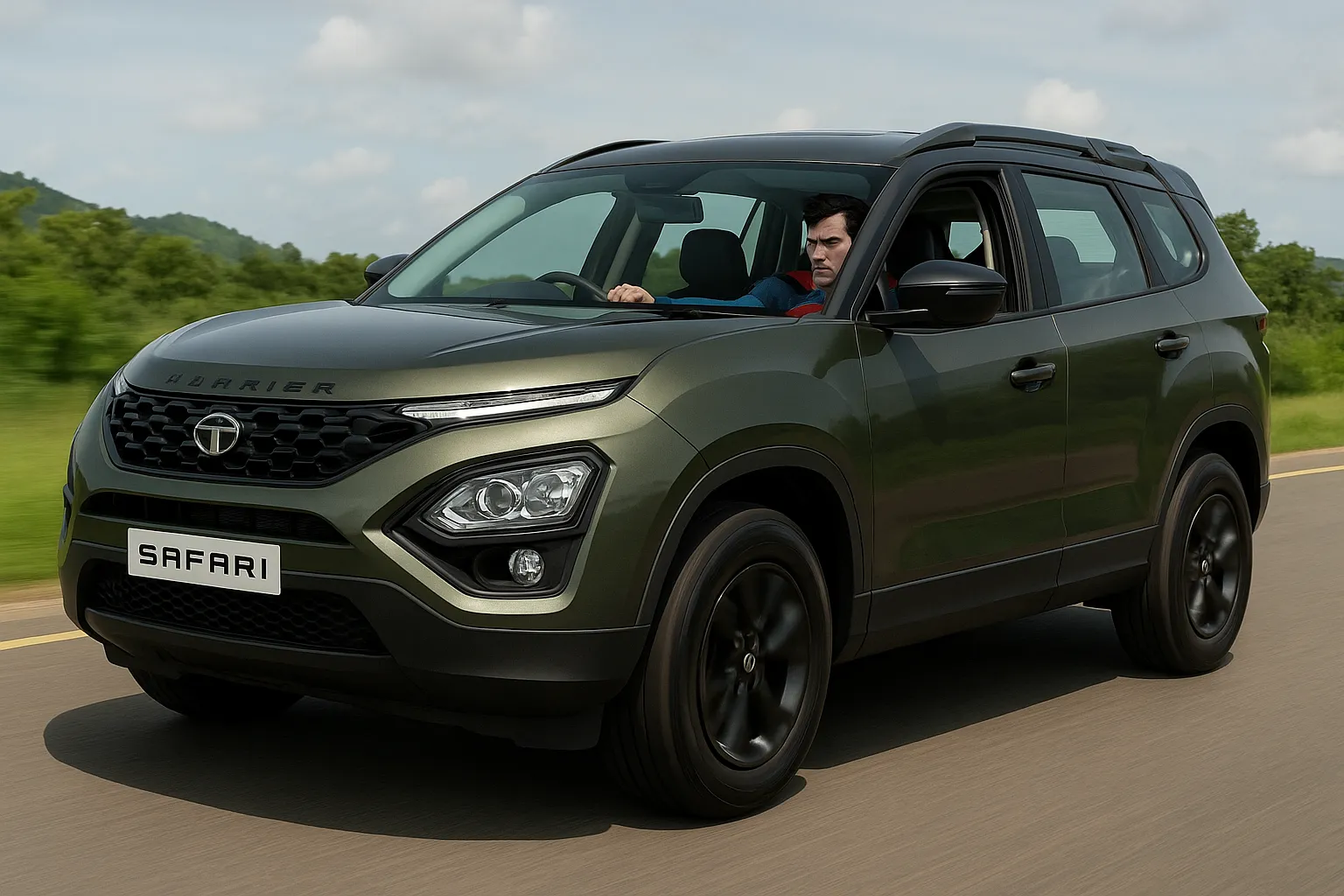 "सुपरमैन ग्रीन कलर की tata harrier safari adventure x चलाते हुए, सड़क पर तेज रफ्तार से ड्राइव करते हुए, पृष्ठभूमि में हरी-भरी पहाड़ियां और खुला आसमान"