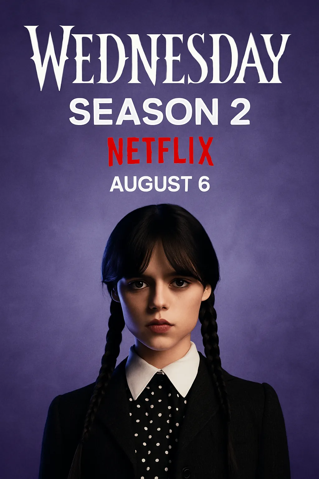 wednesday season 2 netflix Jenna Ortega as Wednesday Addams in Wednesday Season 2 Netflix promotional poster with purple background and August 6 release date